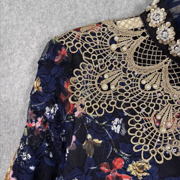 Lace‎ Blouse Medium Pearls Butterflys Gold Crochet Maximalist Victorian Coquette - Picture 5 of 14